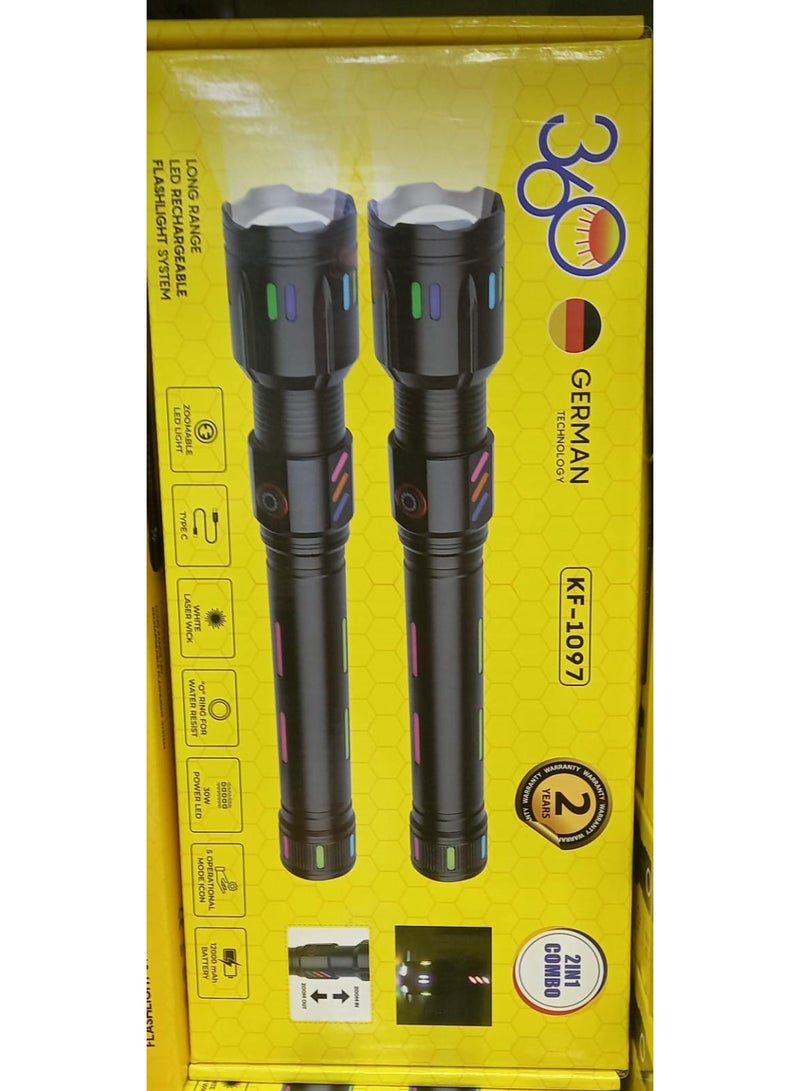 2 in 1 Combo Professional Aluminum Alloy Type-C Rechargeable Long Range High Power Torche